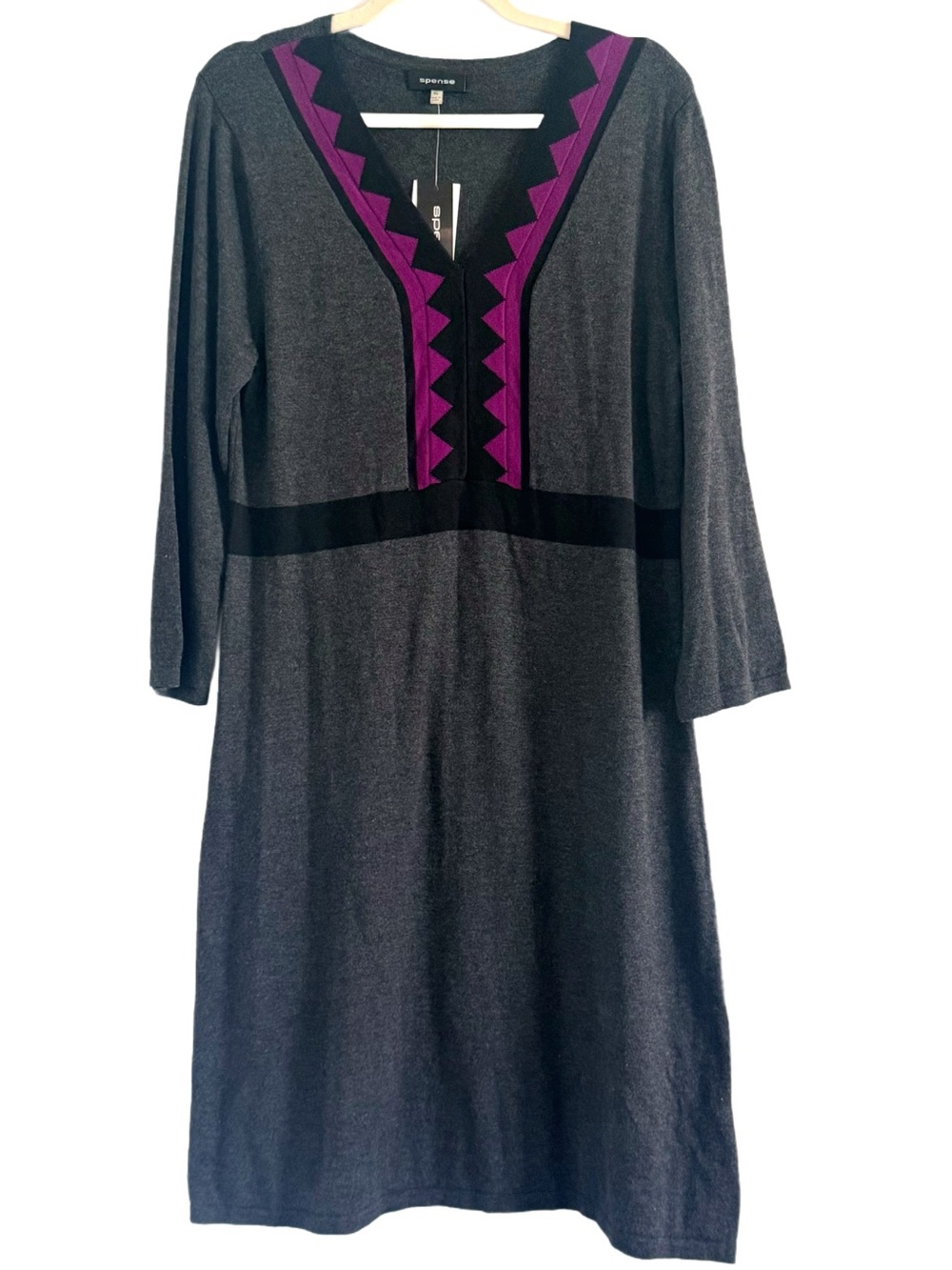 Spense Charcoal Sweater Knit Dress with Purple Trim XL